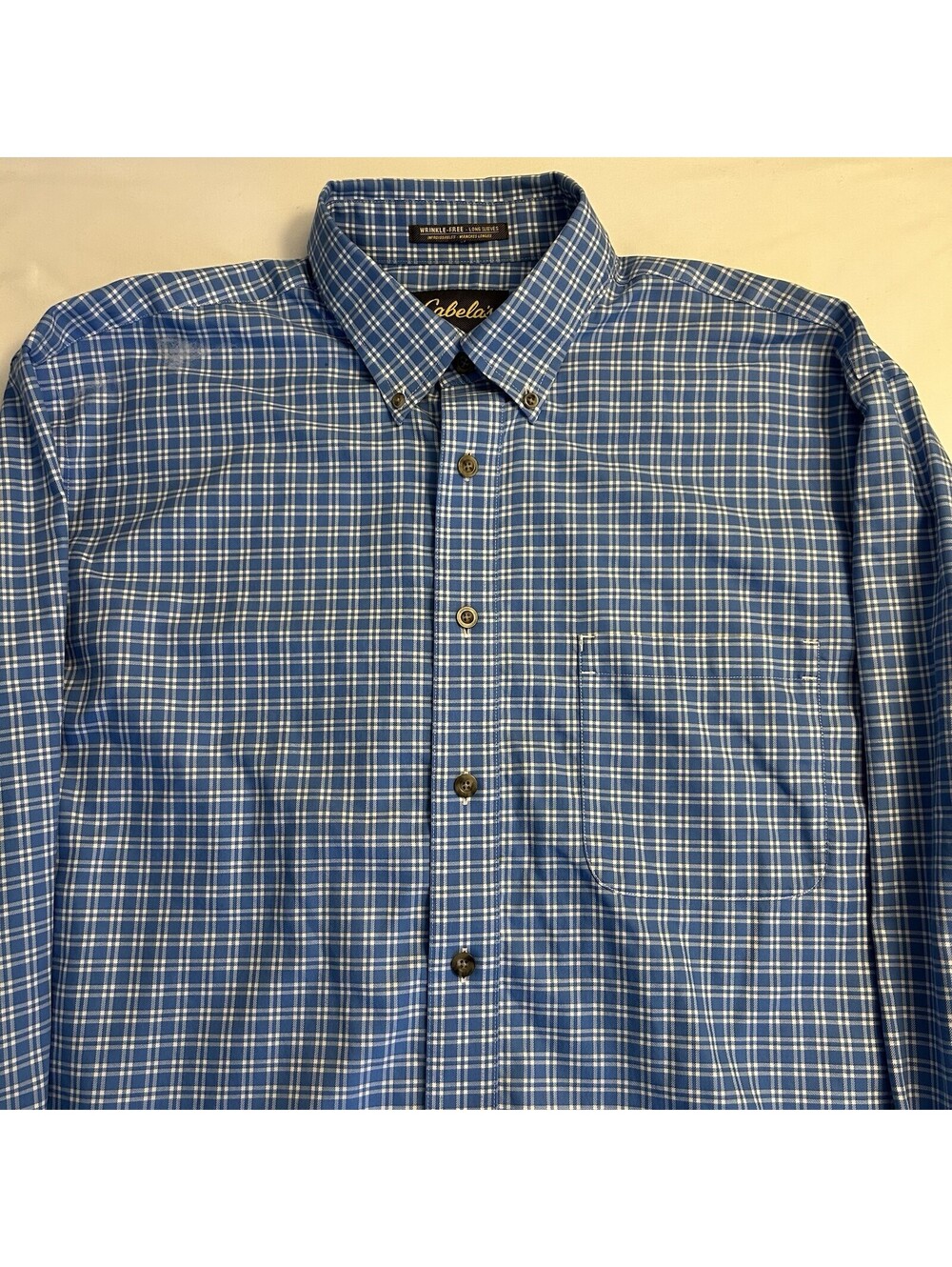 Cabela’s Men’s XL‎ Tall Wrinkle-Free Blue White Plaid Check 100% Cotton Shirt